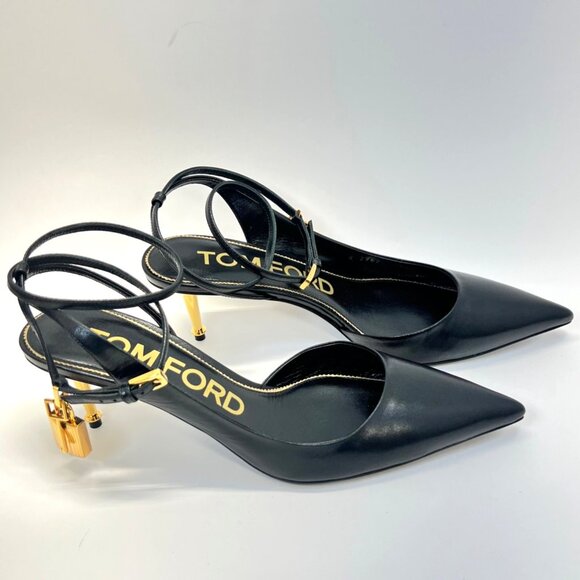 Tom Ford Padlock Black Leather Heels Women Pointed Toe Golden Kitty Heel Size 39 - Picture 2 of 13